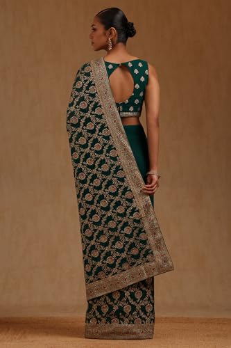 Soch Womens Teal Green Georgette Embroidered Saree With Stone Work