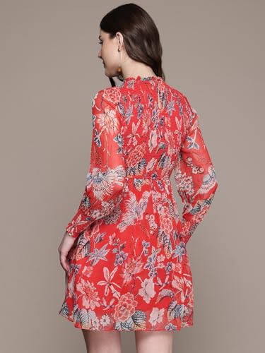 Label RITU KUMAR Closed Neck Full Sleeves Printed Short Dress Red