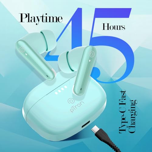 pTron Basspods Tour TWS Earbuds with 3D AudioScape, 45Hrs Playtime, TruTalk AI-ENC Calls, 50ms Low Latency Sync, BT v5.3, Type-C Fast Charging, Voice Asst. & IPX5 Water Resistant (Mint Julep)