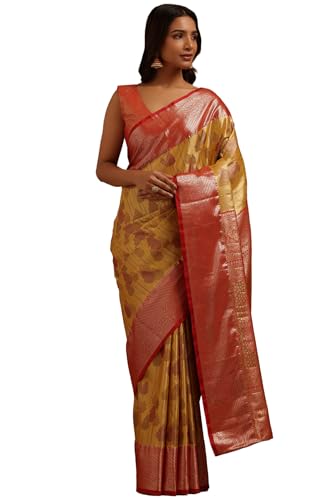 Soch Womens Mustard Silk Blend Botanical Zari Woven Saree