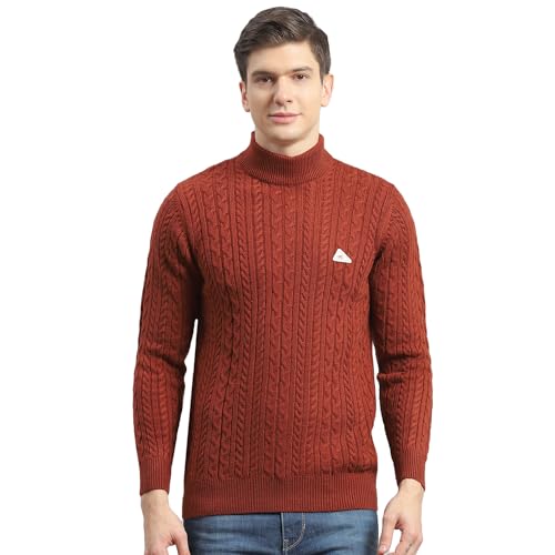 Monte Carlo Leather Brown Self Design T Neck Pullover | Warm Woolen Pullover for Men | Soft Comfortable Knitted Winter Wear Sweater for Men's