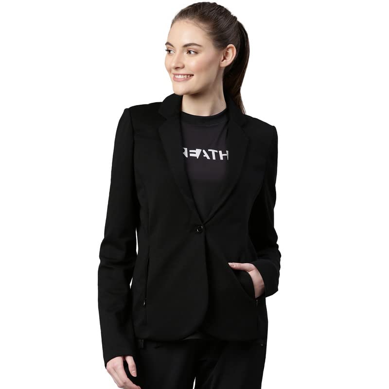 Enamor Athleisure Slim Fit Single Breasted One Button Sporty Blazer for Women with 2 Side Zipper Pockets - A903 | Quick Dry & Antimicrobial Finish Blazer (A903_Jet Black_XXL)