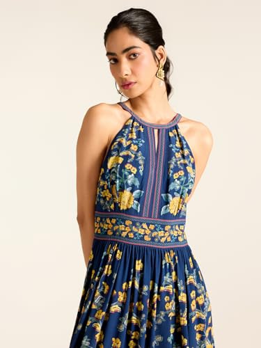 Label RITU KUMAR Navy Florica Sleeveless Printed Long Dress