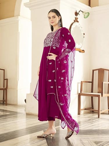 Womanista Women's Magenta Georgette Zari Embroidered Flared Kurta and Pants with Dupatta (Kurtaset_1323_XL)