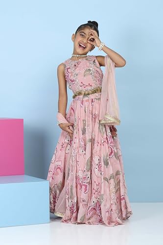 Biba Girls Pink Viscose Organza Printed Regular Lehenga Set_14-15Y