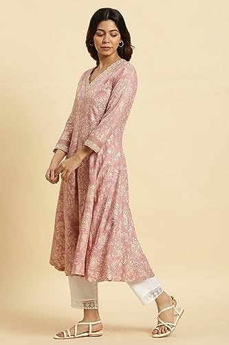 W for Woman Pink Floral Foil Printed Flared Kurta (Size: 2XL)-23AUW19799-119500