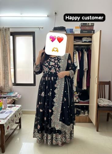 styledaura Embroidered Anarkali Gown with Dupatta and Pant | Floral Georgette Silk Fully Stitched Ethnic Suit for Women | Ethnic Wear Designer Anarkali Dress Set (Size-2XL, Black)