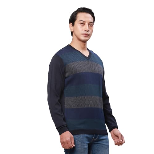 Park Avenue Men's Regular Fit Acrylic Wool Blend Full Sleeve V Neck Stripe Pattern Fancy Blue Casual Sweater (Size: XS)-PCWA00268-B9