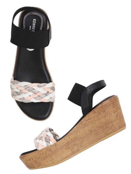KENNETH COLE Women's Wedge Sandal | Synthetic Upper | Woven Vamp Strap, Cork Wedge, Slingback | Black, EU36