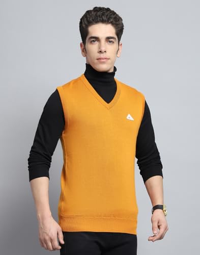 Monte Carlo Men's Wool Sleeveless Sweater | V-Neck | Regular Fit| Solid Pattern |Warm & Stylish Pullover Cardigan for Men Gold 5XL (Pack of 1)