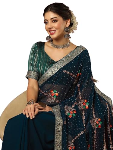 Satrani Women's Georgette Stone Work Embroidery Saree with Unstitched Blouse Piece (4396S3137N_Rama Blue)