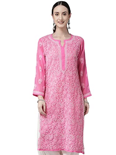 Ada Hand Embroidered Indian Chikankari Women's Faux Georgette Kurti Kurta A411221 (L_Pink), Pink, L