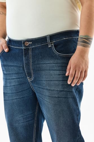 SNITCH Men Blue Casual Plus Size Jeans | Slim Fit Mid Rise Washed Denim with Turned-Up Cuffs | Cotton Blend Fabric with Smooth Texture & Medium Stretch for Summer Wear