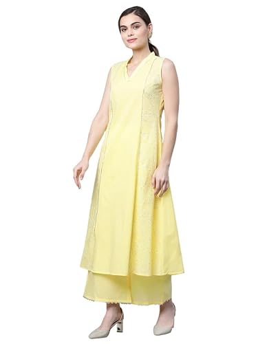 Ahalyaa Women Yellow Colour Cotton Printed Kurta Palazzo Set