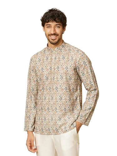 Manyavar Mens Beige Blended Cotton Printed Short Kurtas