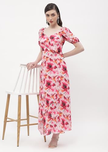 Madame Sweetheart Neck Hot Pink Floral Maxi Dress