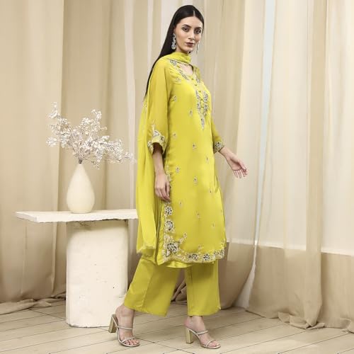 BIBA Women Lime Green Embroidered Straight Suit Set_32