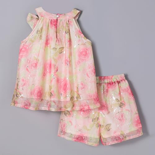 Hopscotch Girls Sleeveless Pink 2-Pc Floral Blouse & Shorts (4-5 Years)