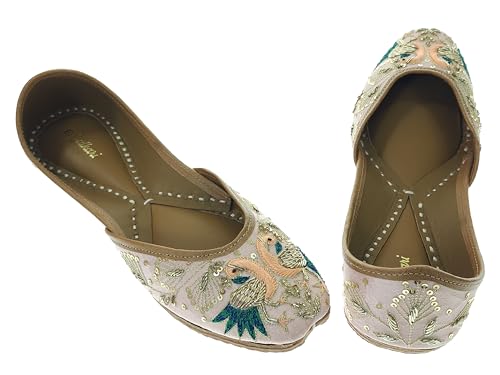 Fulkari Women's Peacock Peach Gold Soft Leather Embroidered Jutis | Bite and Pinch Free Jutti | Punjabi Formal Juttis | Girl's Wedding Flat Mojari | Formal Ethnic Juti | 36