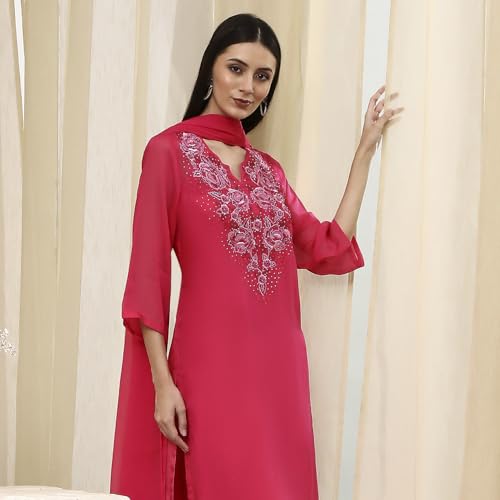 BIBA Women Fuchsia Embroidered Straight Suit Set_36