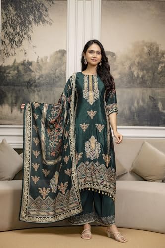 NIVANA Embroidered & Printed Asymmetric Kurta with Palazzo & Printed Dupatta | XXL | Teal | Paisley & Floral Print | 3 Piece Ethnic Set
