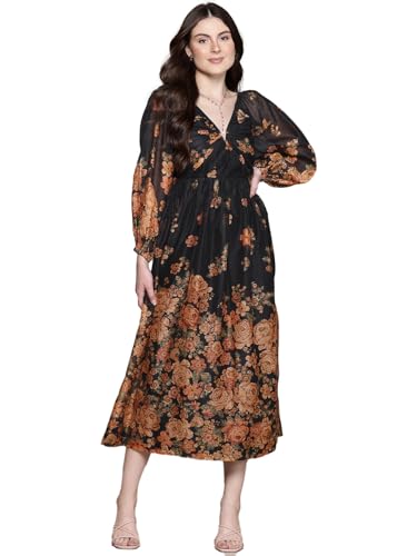Label RITU KUMAR V Neck Full Sleeves Printed Long Dress Black