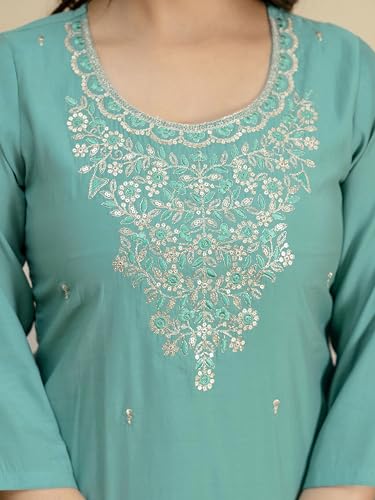 TRENDMALLS Women's Roman Silk Embroidery Kurta Pant with Dupatta Set (G372-Turquoise-3XL-)