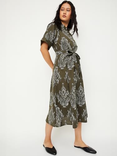 Max Women's Cotton A-Line Below The Knee Dress (EC58005_Olive