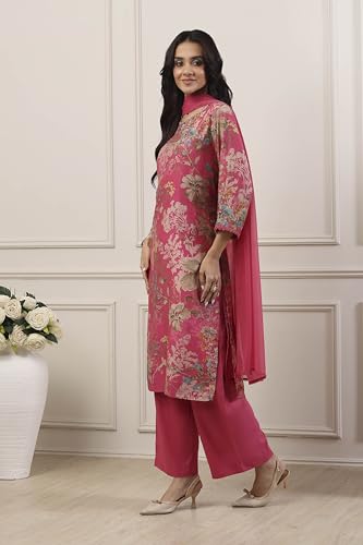 BIBA Women Pink Cotton Blend Straight Suit Set_32