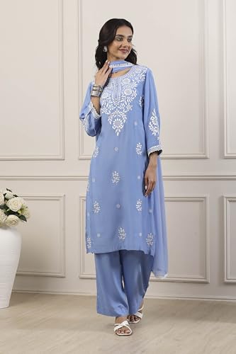 Biba Women Blue Poly Viscose Straight Suit Set_36