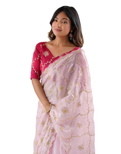 SIRIL Women's Tissue Silk Sequin Embroidery & Scalloped Border Saree With Unstitched Blouse Piece (4633S125A_Light Pink)
