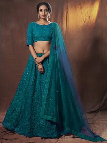 Zeel Clothing Thread Sequins Embroidery Work Soft Net Semi-Stitched Lehenga Choli Set With Dupatta (6017-Teal-Green-Women-Lehenga-Choli-New; Free Size)