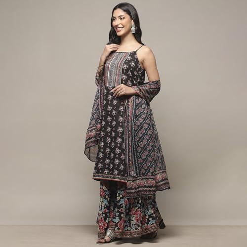 BIBA WOMEN PRINTED STRAIGHT SALWAR KURTA DUPATTA(SKDPOSHINA9037_BLACK_40)