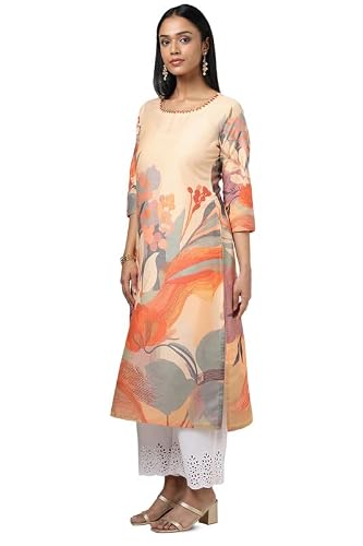 Soch Womens Peach Muslin Floral Print Kurta with Mirror Work