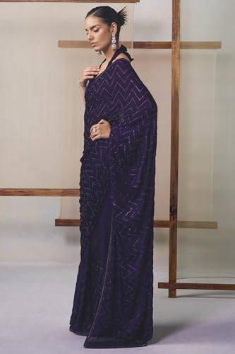 Soch Womens Purple Crepe Embellished Saree