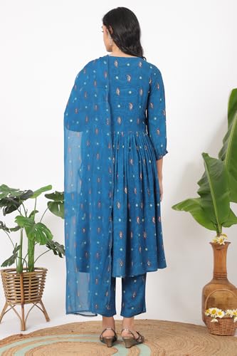W for Woman Teal Blue Embroidered Yoke Gathered Rayon Kurta, Straight Pants and Dupatta Set (Size: S)-WS12183-124706