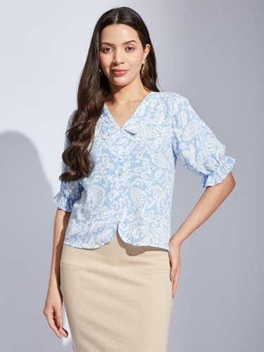 Latin Quarters Women Blue Collared Half Sleeves Printed Shirt Blouse for Casual Wear_S