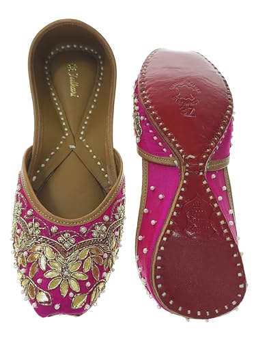 Fulkari Women's GottaPatti Magenta Gold Soft Leather Embroidered Jutis | Bite and Pinch Free Jutti | Punjabi Formal Juttis | Girl's Wedding Flat Ladies Mojari | Formal Ethnic Juti | 36