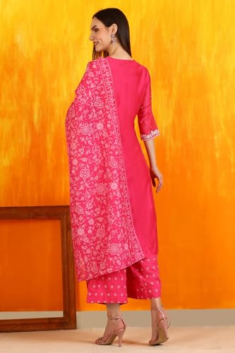 W for Woman Pink Embroidered Chanderi Panelled Kurta, Cropped Pants and Dupatta Set (Size: L)-WS12729-223576