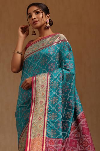 Soch Womens Turquoise Blue Silk Blend Patola Print Saree