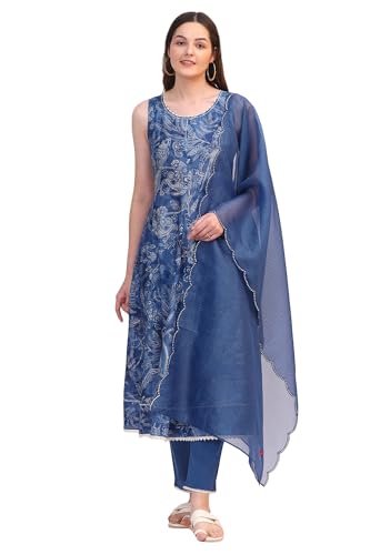 W for Woman Ink Blue Floral Printed Sleeveless Pure Cotton Anarkali Kurta, Pants and Dupatta Set (Size:3XL)-WS11579
