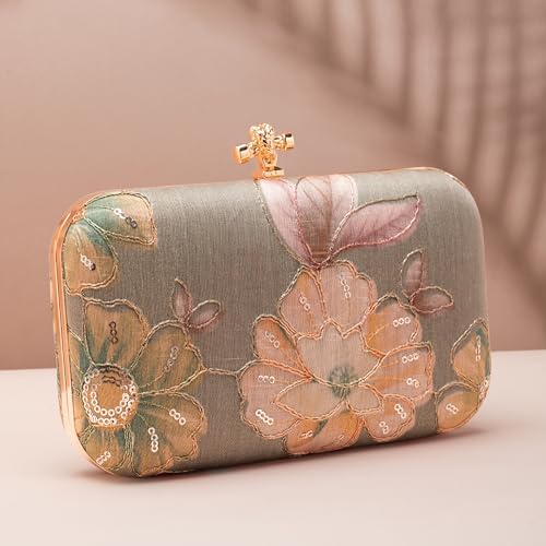Artklim Pastel Grey Floral Printed Fabric Clutch Bag for Women – Stylish Clutch Purse | Hand Clutches for Women | Clutches for Wedding & Bridal Clutches Latest