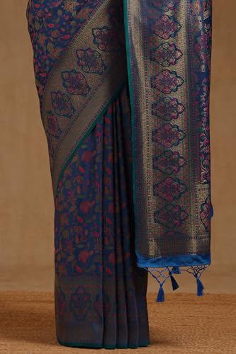 Soch Womens Blue Tussar Floral Woven Design Saree