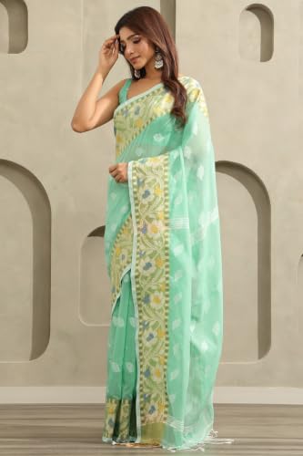 Soch Womens Light Green Cotton Jamdani Woven Saree