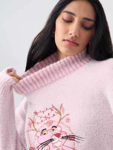 The Souled Store Pink Panther: Christmas Women and Girls Full Sleeves Mock Neck Light Pink Embroidered Animal Graphic Nylon Acrylic Blend Oversized Fit Casual Pullover Sweater