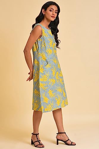 W for Woman Women's Cotton Blue and Yellow Abstract Print Western Dress Above The Knee 23FEW18818-810328