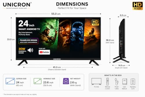 UNICRON 24 inch smart tv Android Frameless HD LED TV | WiFi Enabled | Built-in Apps Compatible (YouTube, Netflix, Prime Video) | HDMI, USB Connectivity | Screenmirror | Slim & Stylish A+