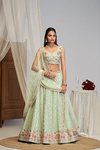 JIHU CULUTURE Pista green thread embroidery georgette Semi-Stitched lehenga choli with dupatta For Women
