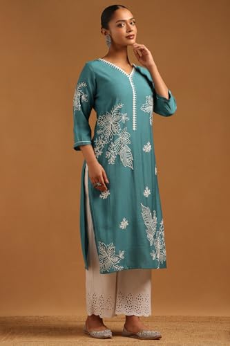 Soch Womens Teal Desert Storm Botanical Kurta with Machine Embroidery and Thread Work