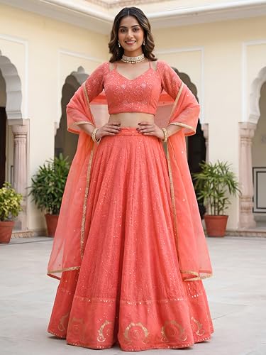 Zeel Clothing Women's Sequins Thread Embroidered Georgette Lehenga Choli With Dupatta (7083-Peach-Women-New-Lehenga-Choli; Free size) (Peach)